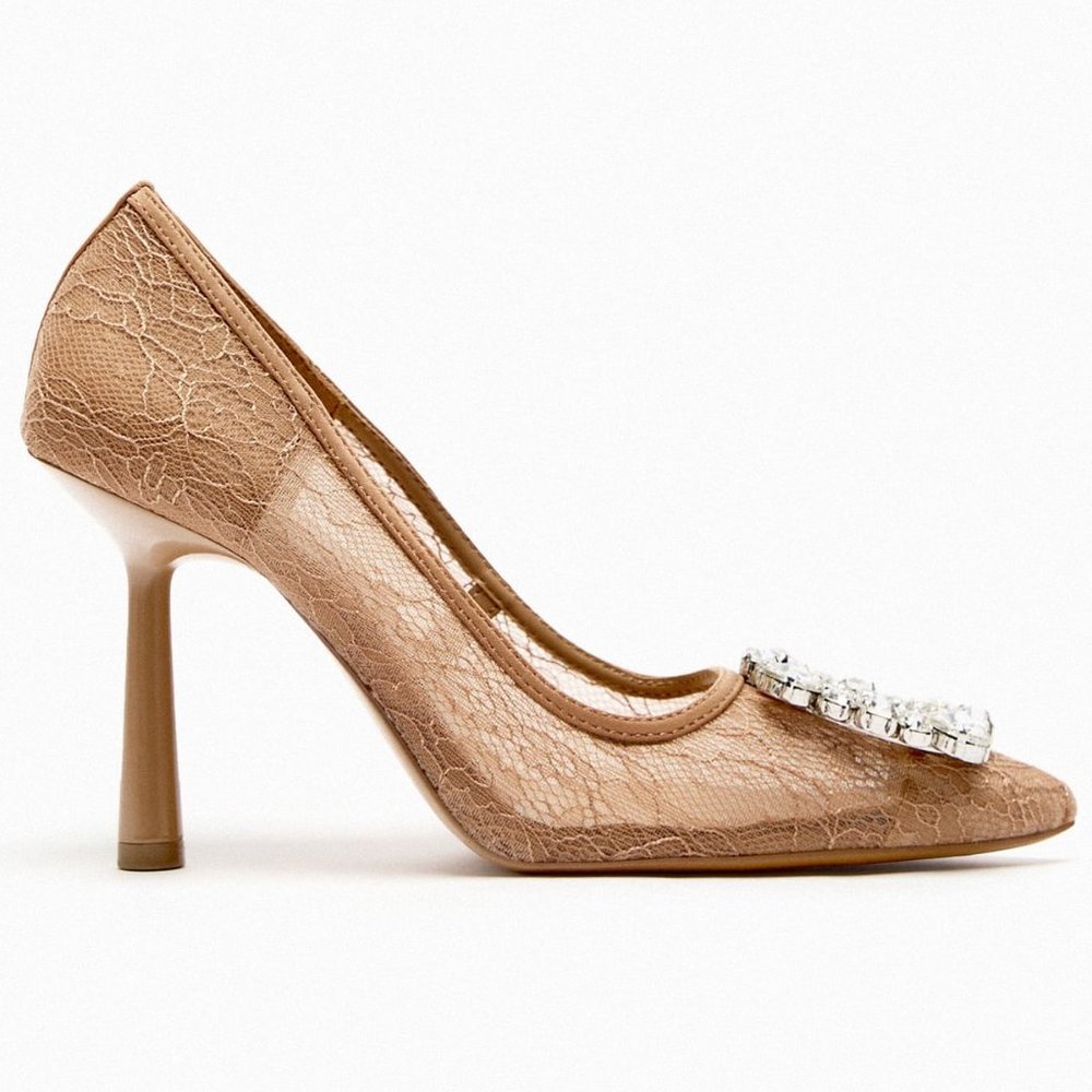 Zara Beige Lace Embellished High Heeled Shoes Sz 10 NWT - Picture 8 of 14